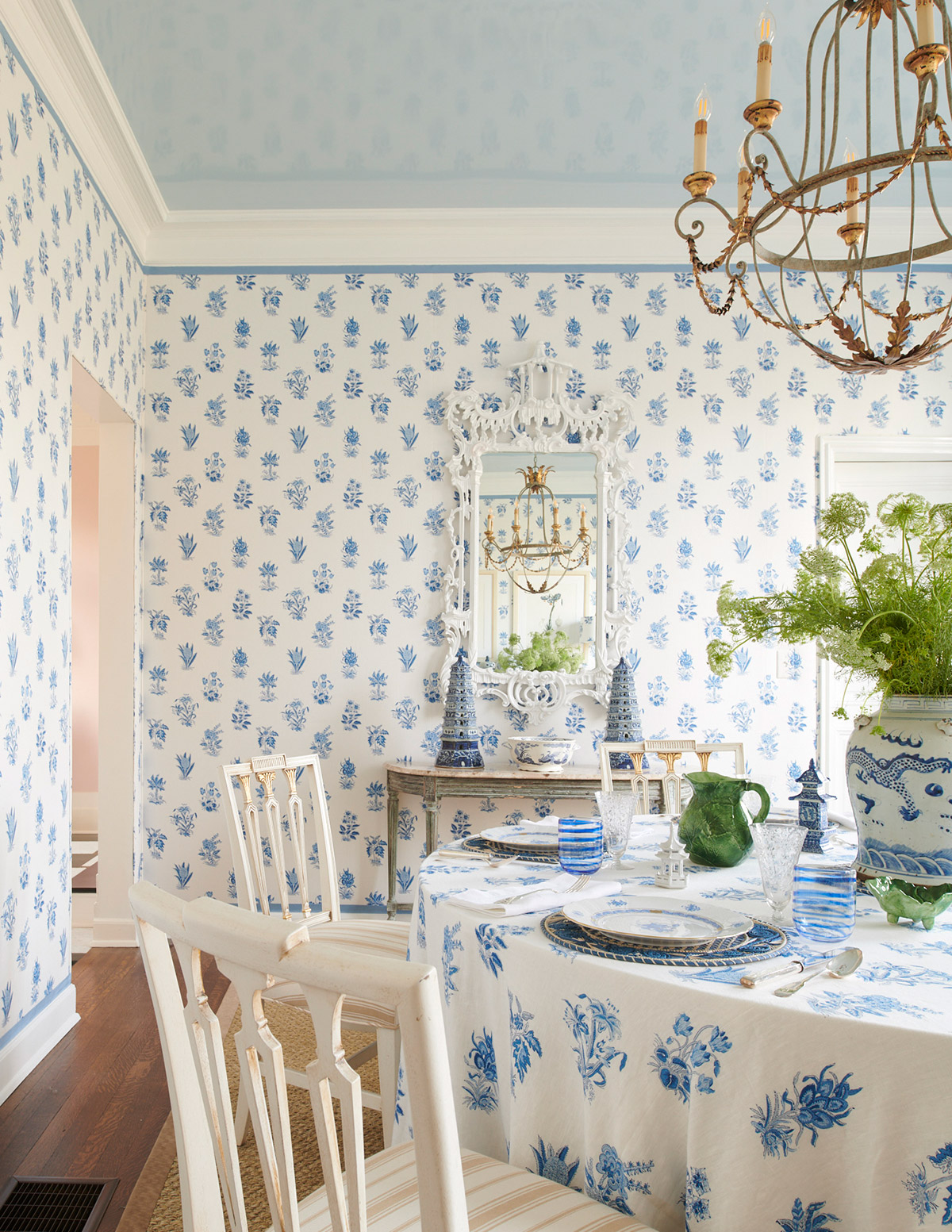 Blue and White Dining Room by Shelley Johnstone With Paper-Backed Fabric Wallcoverings