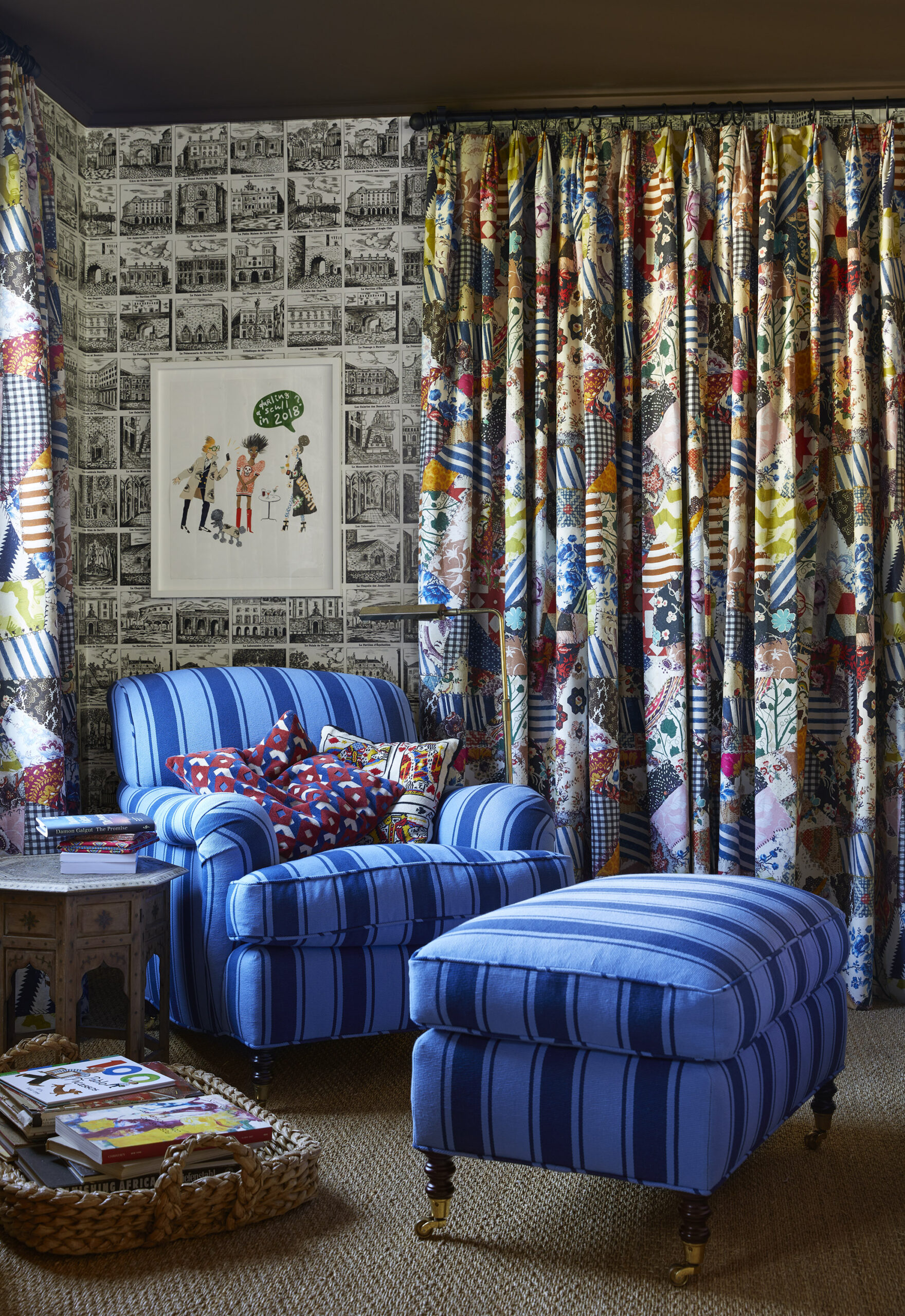 Johnson Hartig for Libertine for Schumacher Bedroom With Armchair and Curtains