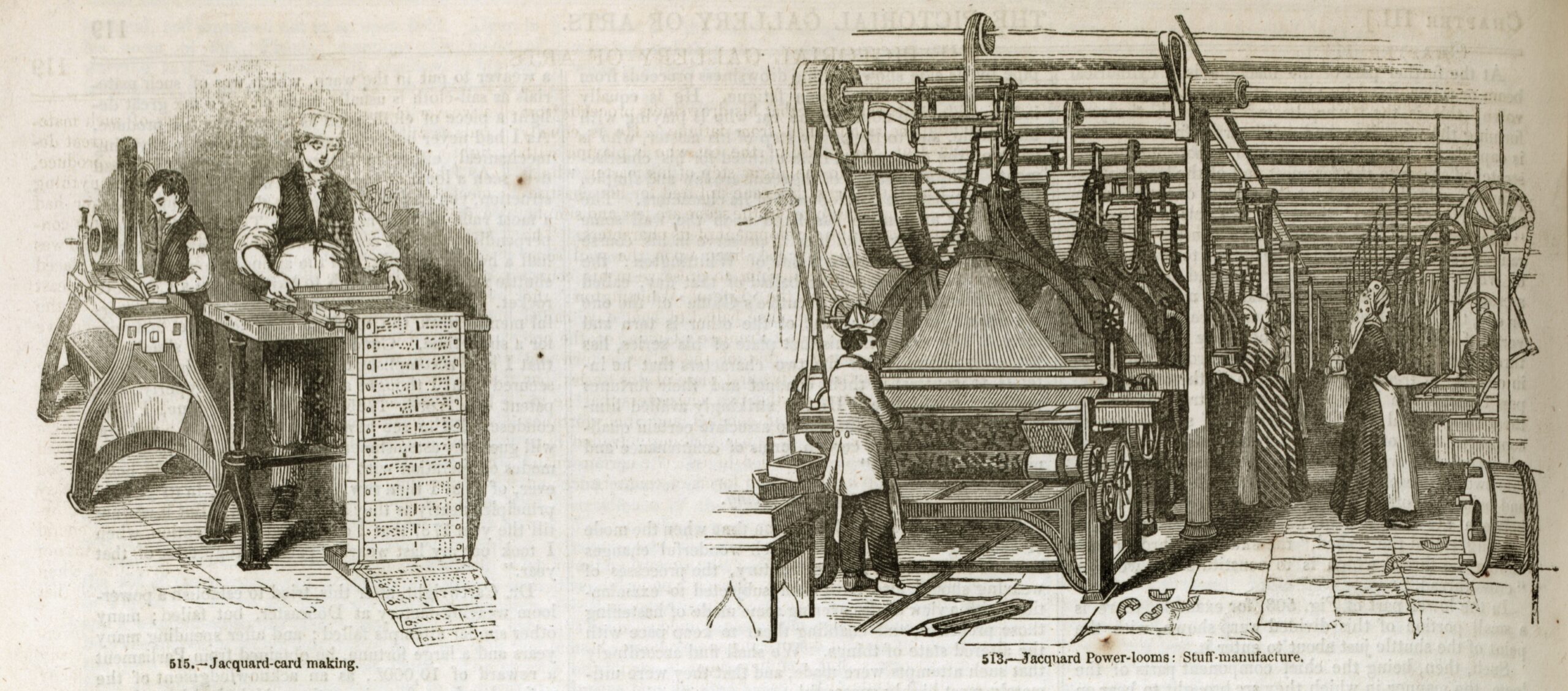 A 19th-century engraving illustrates the punch-card weaving process